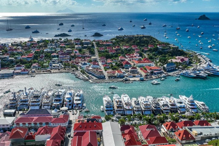 Aerial view of Gustavia harbor in St Barth
